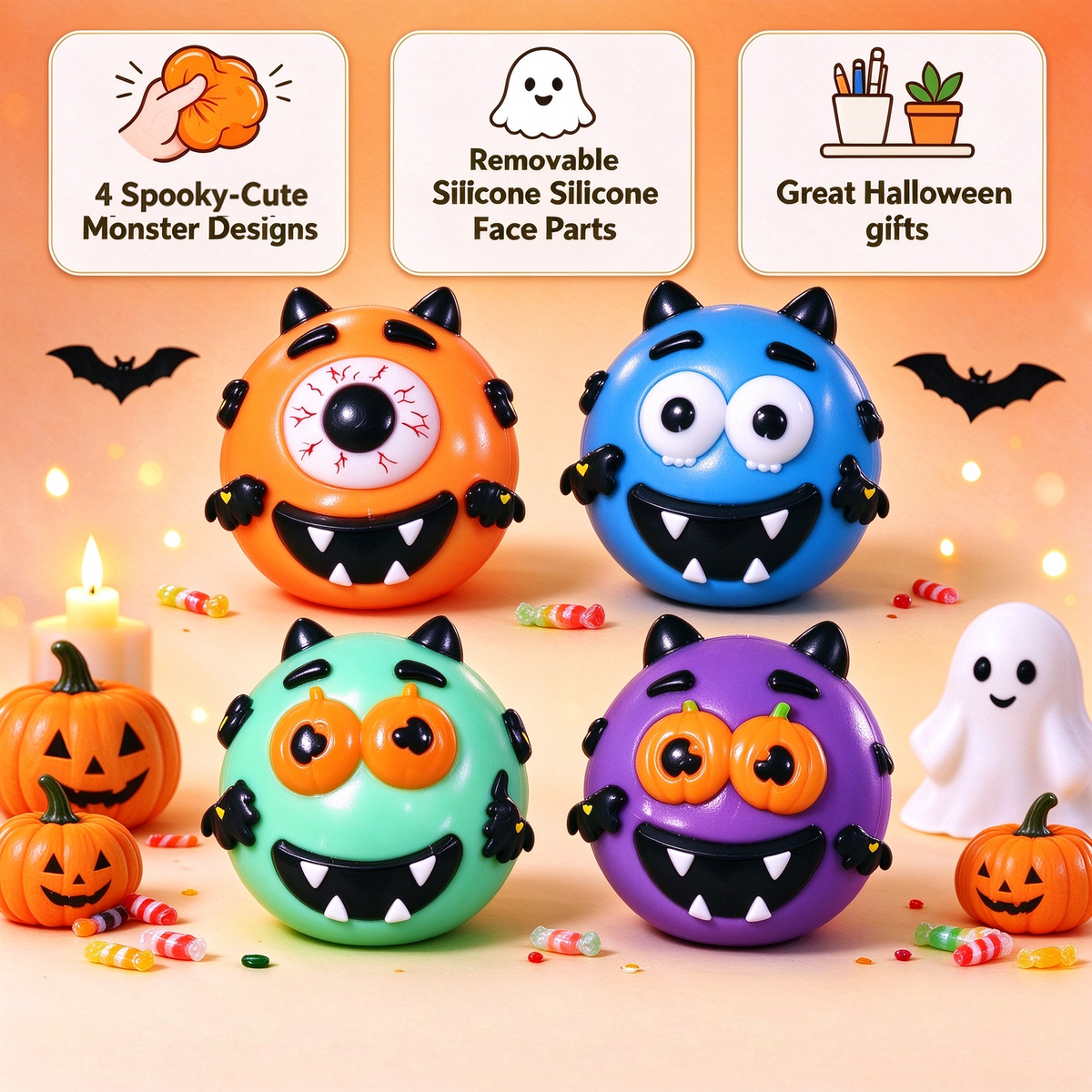CALMIA Halloween Monster Squishy | Removable silicone face details